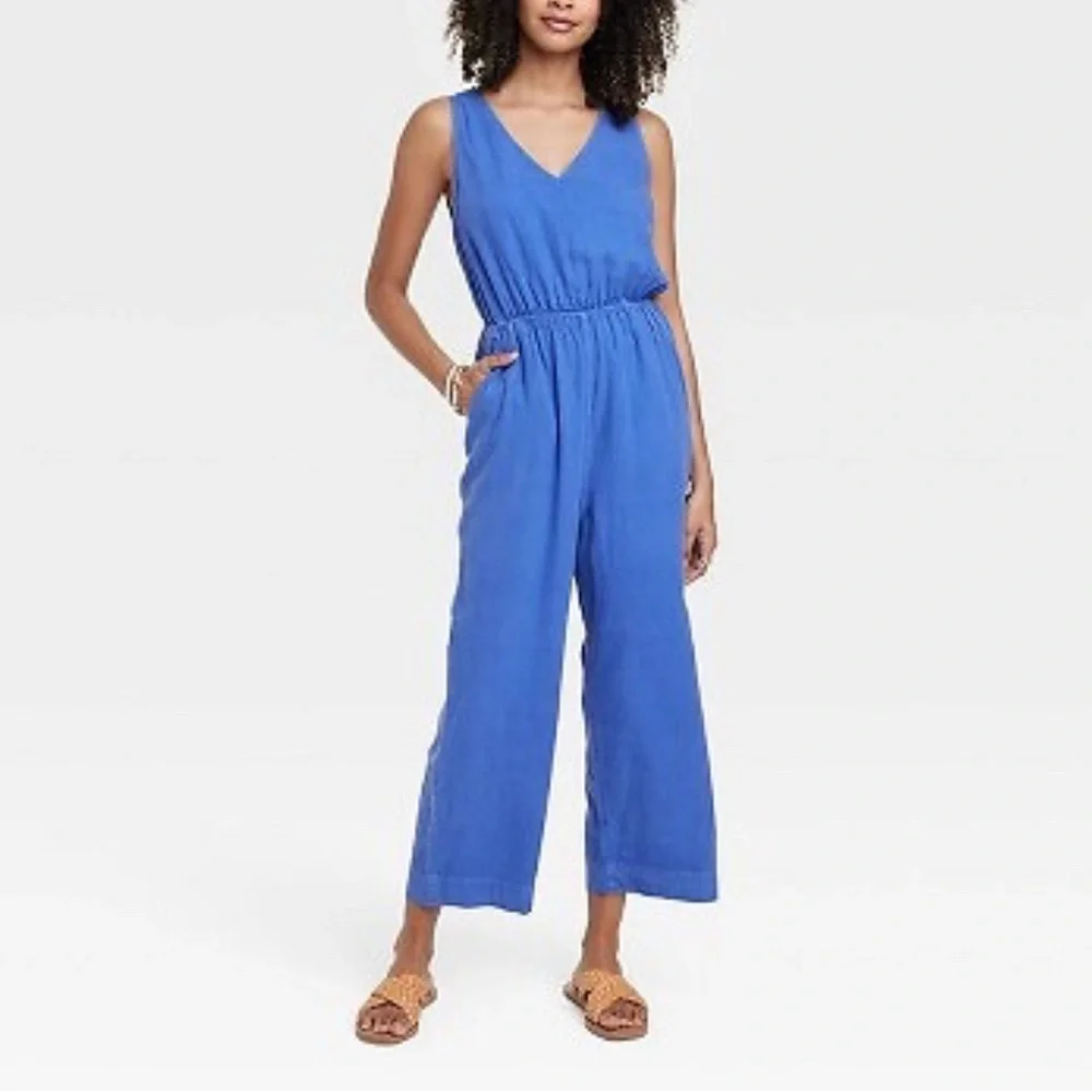 Universal Thread Blue Jumpsuit V Neck Open Back Wide Leg XL Boho Effortless Chic - Picture 16 of 16